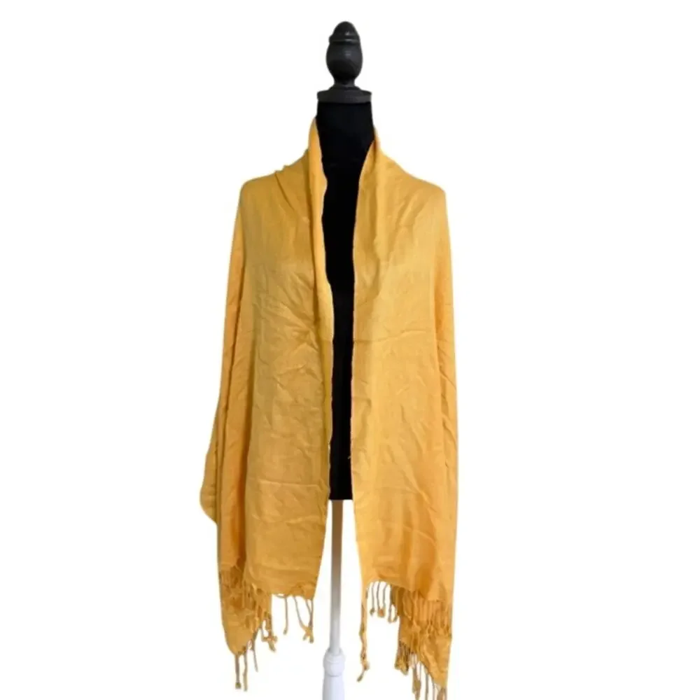 Pashmina Scarf Shawl Yellow Silk Blend Tassel Fringe Wrap Soft Quiet Luxury